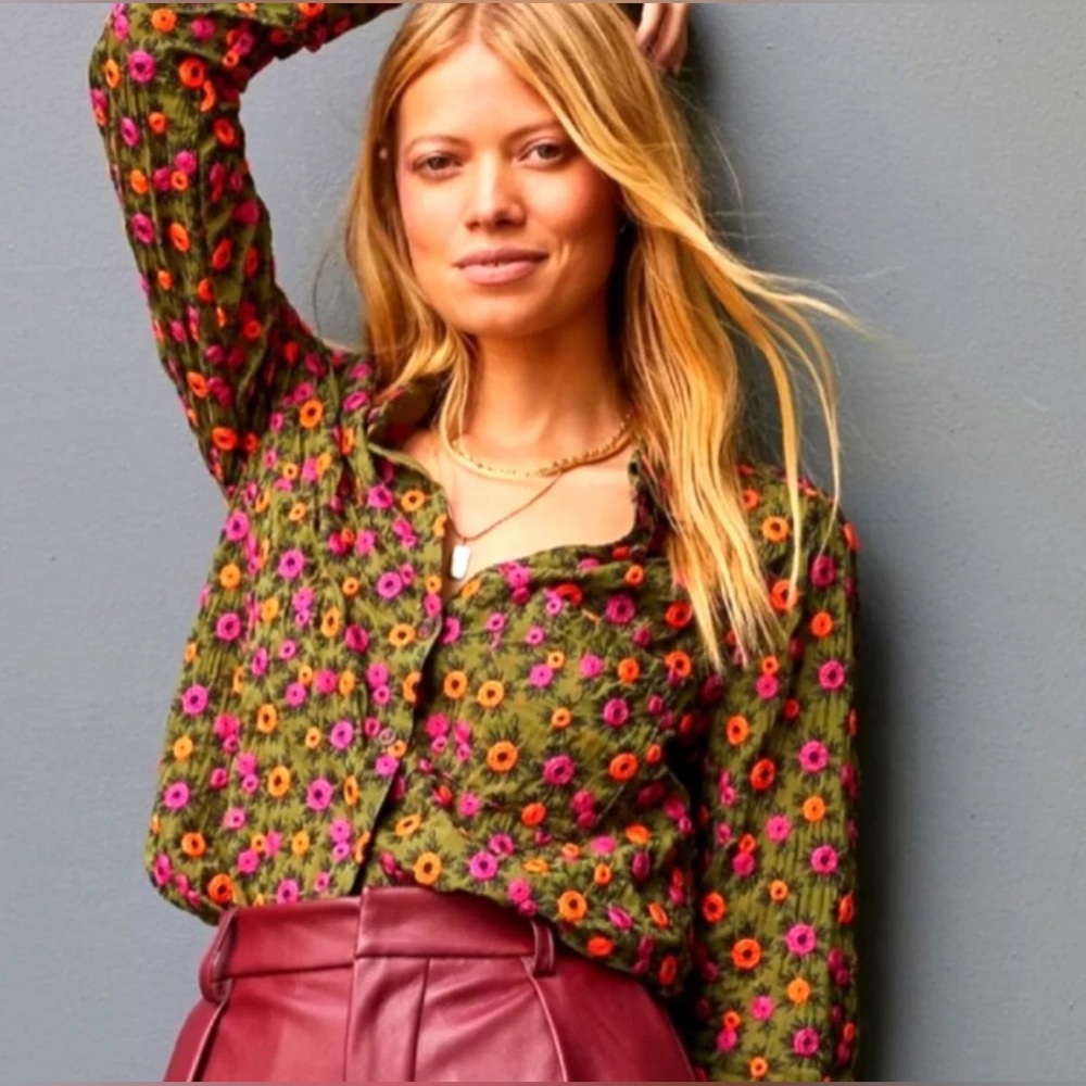 Maeve By Anthropology Long Sleeve Embroidered Button Up Shirt Size 8 Women’s